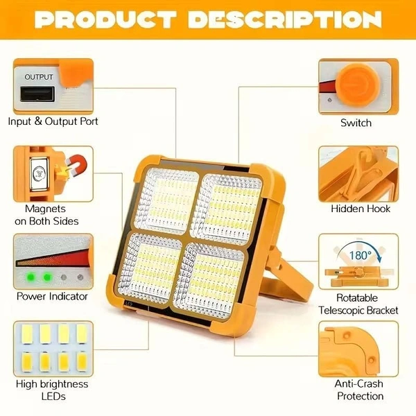100W Solar LED Flood Light – Rechargeable Battery, Waterproof Outdoor Security Light for Farm, Garage, Camping(2627)