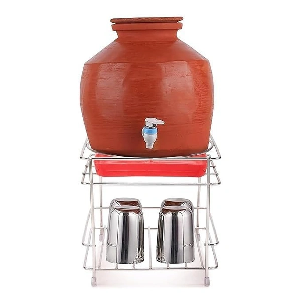 STEEL MATKA STAND, Stainless Steel Heavy-Duty Matka Stand with Bottom Tray | Rust-Resistant Pot Stand for Kitchen | Water Dispenser Stand & Multipurpose Storage Rack(2672)