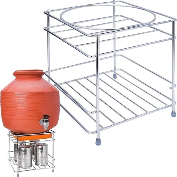 STEEL MATKA STAND, Stainless Steel Heavy-Duty Matka Stand with Bottom Tray | Rust-Resistant Pot Stand for Kitchen | Water Dispenser Stand & Multipurpose Storage Rack(2672)