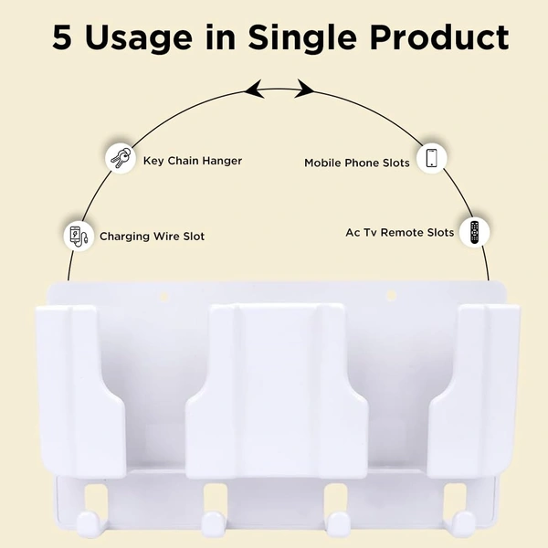 2IN1 MOBILE STAND, Prolet Wall Mounted Remote Control & Phone Holder with 4 Hooks – Adhesive Charging Stand & Storage Box for AC/TV Remotes and All Smartphones(2719)