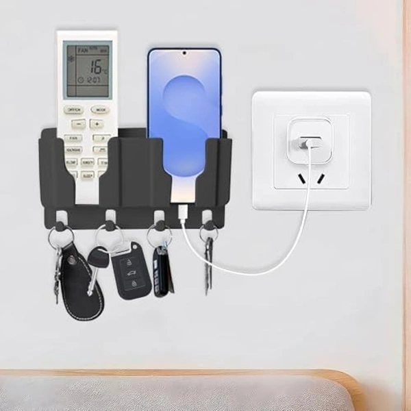 2IN1 MOBILE STAND, Prolet Wall Mounted Remote Control & Phone Holder with 4 Hooks – Adhesive Charging Stand & Storage Box for AC/TV Remotes and All Smartphones(2719)