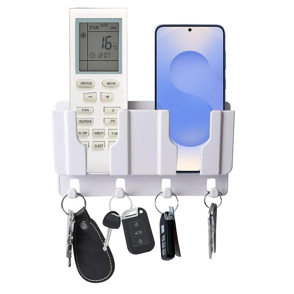 2IN1 MOBILE STAND, Prolet Wall Mounted Remote Control & Phone Holder with 4 Hooks – Adhesive Charging Stand & Storage Box for AC/TV Remotes and All Smartphones(2719)