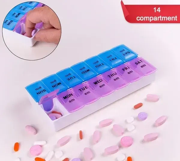 MEDICINE ORGANIZER, Weekly AM/PM Pill Organizer Box – 14 Slot Medicine Storage Case with Day & Time Labels, BPA-Free Plastic Travel Pill/Vitamin Container (Mon–Sun)(2694)