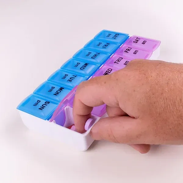 MEDICINE ORGANIZER, Weekly AM/PM Pill Organizer Box – 14 Slot Medicine Storage Case with Day & Time Labels, BPA-Free Plastic Travel Pill/Vitamin Container (Mon–Sun)(2694)