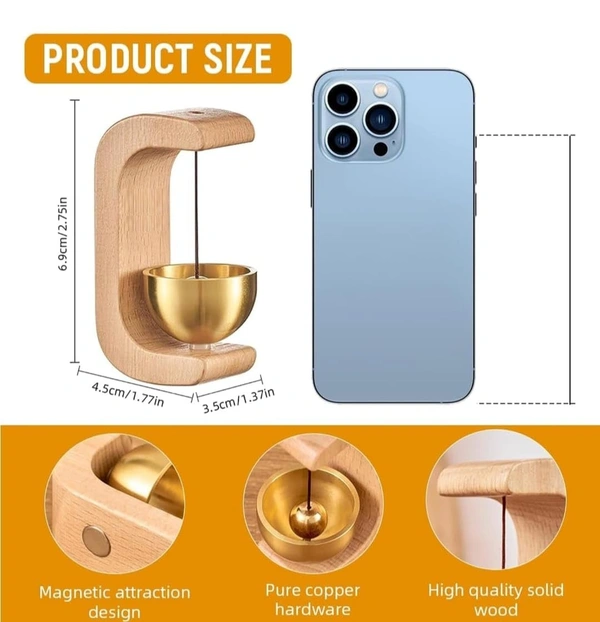 WOODEN ZEN BELL, Zen Desk Wooden Meditation Bell with Brass Bowl – 7 cm Magnetic Design, Natural Wood & Gold for Mindfulness & Home Decor(2630)