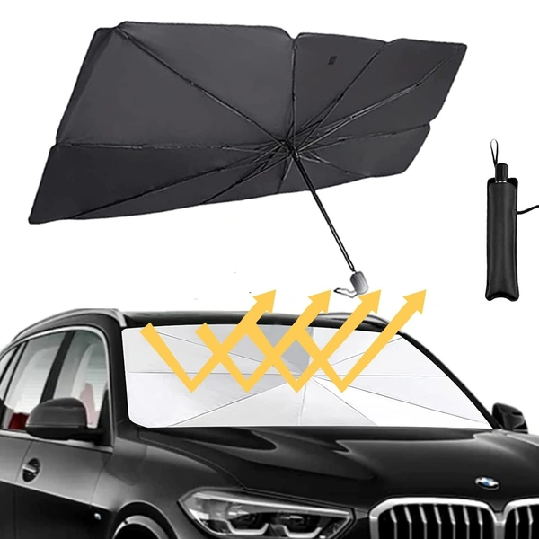 Car Umbrella, Car Sun Shade Windshield Cover, Umbrella Style, White, Universal Size, UV Protection & Heat Insulation, Foldable, Most Vehicles - Black