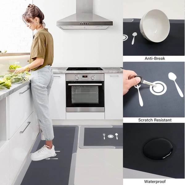 RUBBER COOKING MAT l 2 Pcs Kitchen Mats, Waterproof Memory Foam Kitchen Rugs, Standing Desk Mat Floor Mats, Comfort Runner Rug Carpets for Kitchen Floor,