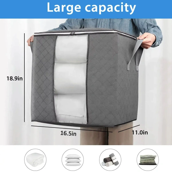 FOLDABLE STORAGE BAG - "Storage bag with Zipper l Blanket Storage Organizer Bag with Large Clear Window and Carry Handles" (1122) - Gray