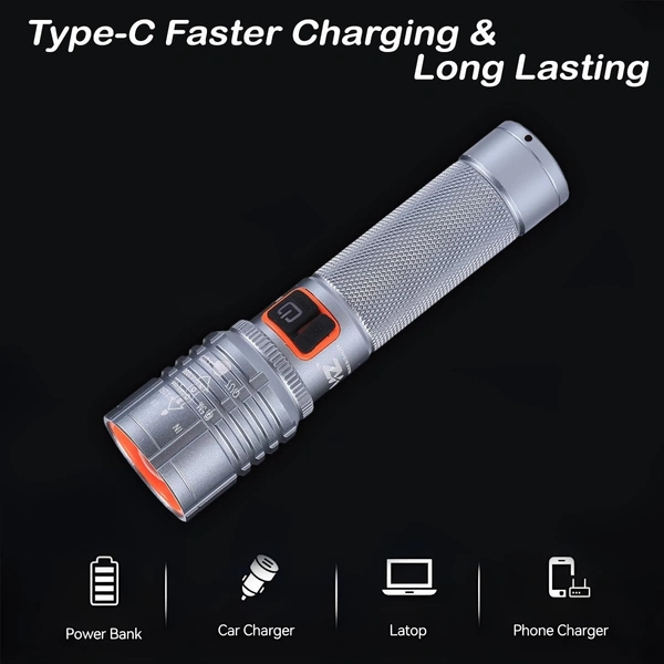 TOURCH HP-362, Metal Torch HP-362 with 1500mAh Battery | Type-C Rechargeable Flashlight with Zoom, COB Light & Flashing Mode(2362)