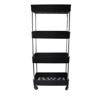 4LAYER STORAGE RACK, 4-Layer Multi-Purpose Movable Storage Rack Trolley with Wheels – Heavy Duty Plastic Organizer for Kitchen, Bathroom & Home Use  (2344)      - Black