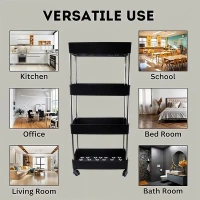 4LAYER STORAGE RACK, 4-Layer Multi-Purpose Movable Storage Rack Trolley with Wheels – Heavy Duty Plastic Organizer for Kitchen, Bathroom & Home Use  (2344)      - Black