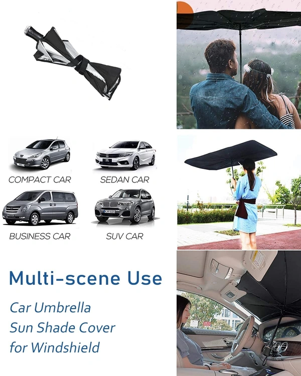 Car Umbrella, Car Sun Shade Windshield Cover, Umbrella Style, White, Universal Size, UV Protection & Heat Insulation, Foldable, Most Vehicles - Black