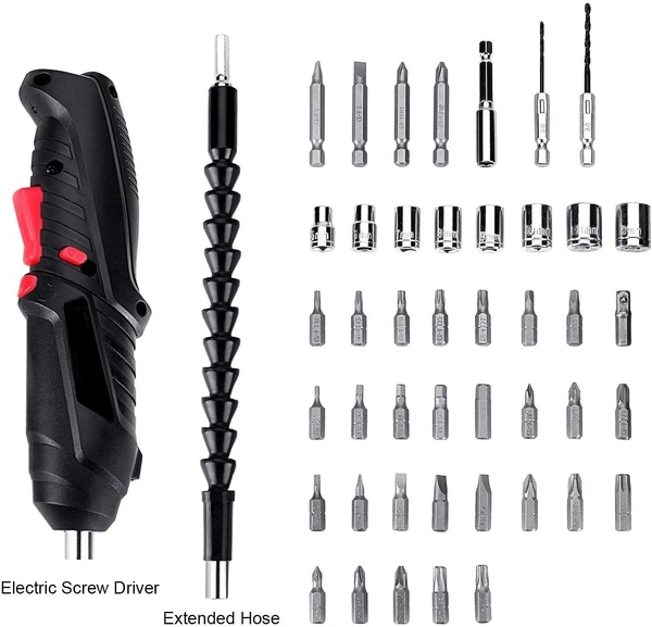 45PCS RECHARGEABLE Screw Driver Set - "Electric Screwdriver with 45 pcs Screwdriver Bit Set, Front LED Light, Flexible Shaft, Carrying Case, for Household - [Black-Pack of 1]" (1825) - Black