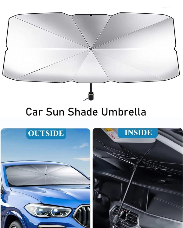 Car Umbrella, Car Sun Shade Windshield Cover, Umbrella Style, White, Universal Size, UV Protection & Heat Insulation, Foldable, Most Vehicles - Black