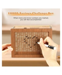 WOODEN PIGGY BANK 2SIDE, Wooden Piggy Bank with Double-Sided Print & Marker Pen – Motivational Money Saving Box(2149)