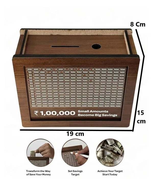 WOODEN PIGGY BANK 2SIDE, Wooden Piggy Bank with Double-Sided Print & Marker Pen – Motivational Money Saving Box(2149)