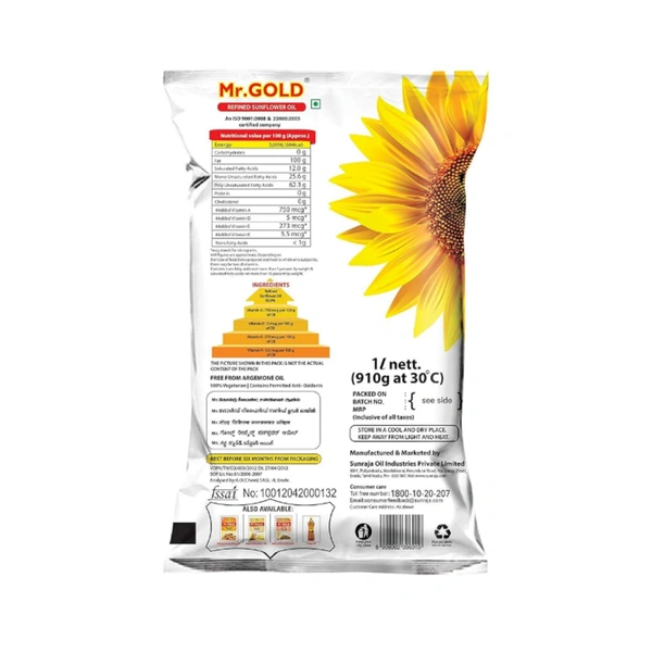 Mr. GOLD Refined Sunflower Oil - 1 Litre (Pouch)