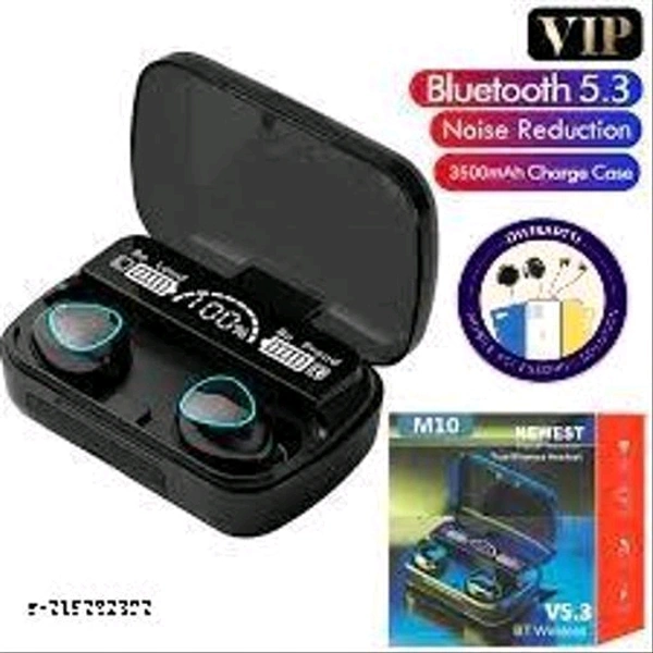  M10wireless bluetooth and heaphones V5.1 Bluetooth eName: M10 wireless earbuds BLUETOOTH WITH 2200MAH BATTERY CAPACITY UPTO 15 HOURS PLAYTIMEName: DWISAPTTI M10wireless bluetooth and heaphones V5.1 Bluetooth eName: M10 wireless earbuds BLUETOOTH WITH 2200MAH BATTERY CAPACITY UPTO 15 HOURS PLAYTIMEBattery Charge Time: 1 HourBIS/ISI Certification Number: 1Bluetooth Range: 50m - Black