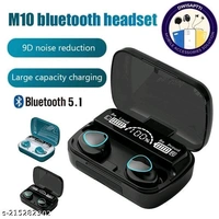  M10wireless bluetooth and heaphones V5.1 Bluetooth eName: M10 wireless earbuds BLUETOOTH WITH 2200MAH BATTERY CAPACITY UPTO 15 HOURS PLAYTIMEName: DWISAPTTI M10wireless bluetooth and heaphones V5.1 Bluetooth eName: M10 wireless earbuds BLUETOOTH WITH 2200MAH BATTERY CAPACITY UPTO 15 HOURS PLAYTIMEBattery Charge Time: 1 HourBIS/ISI Certification Number: 1Bluetooth Range: 50m - Black