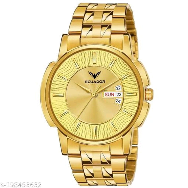  Ecuador Elegant Long-Life Gold Plated Analog Wrist Watch For Men/BoysStrap Material: AlloyCase: The GoalCase/Bezel Material: AlloyDate Display: YesDial Design: SolidDial Shape: RoundDisplay Type: AnalogDual Time: NoGps: NoLight: NoMechanism: QuartzPower Source: Original Battery And ButtonShock Resistance: Yes - Free Size