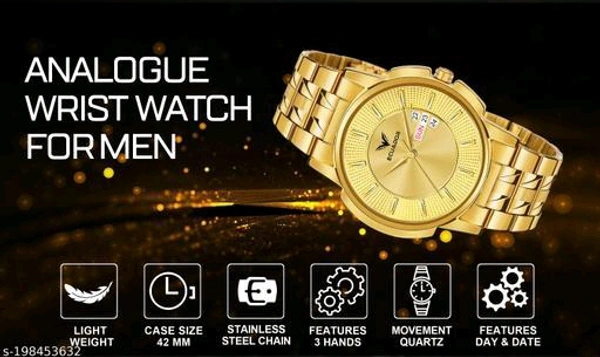  Ecuador Elegant Long-Life Gold Plated Analog Wrist Watch For Men/BoysStrap Material: AlloyCase: The GoalCase/Bezel Material: AlloyDate Display: YesDial Design: SolidDial Shape: RoundDisplay Type: AnalogDual Time: NoGps: NoLight: NoMechanism: QuartzPower Source: Original Battery And ButtonShock Resistance: Yes - Free Size