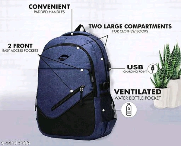  Laptop Backpack With USB Charging Port, Water Resistant Office & College Bag for Men & Women (Blue) 40 L Material: PolyesterNet Quantity (N): 1most suitable Backpack for outing, travelling, Office, School and Travel. The backpack is a multi purpose backpack, having much spac - Free Size