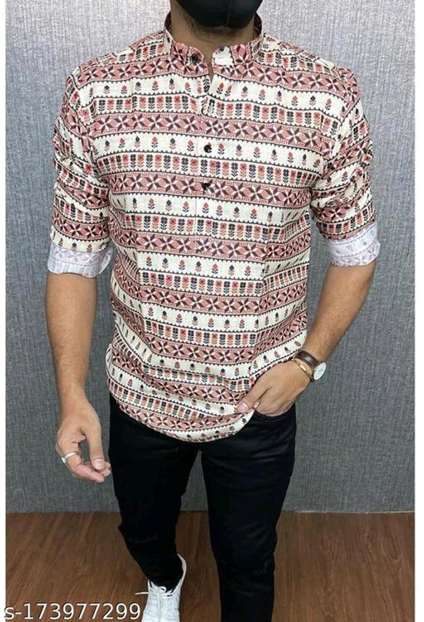  Men's Printed Kurta Style ShirtSleeve Length: Long SleevesPattern: PrintedNet Quantity (N): 1Sizes:S (Chest Size: 38 in, Length Size: 28 in) M (Chest Size: 40 in, Length Size: 28.5 in) L (Chest Size: 42 in, Length Size: 29 in) XL (Chest Size: 44 in, Length Size: 30 in) XXL (Chest Size: 46 in, Length Size: 31 in) Country of Origin: India - Sundown, S