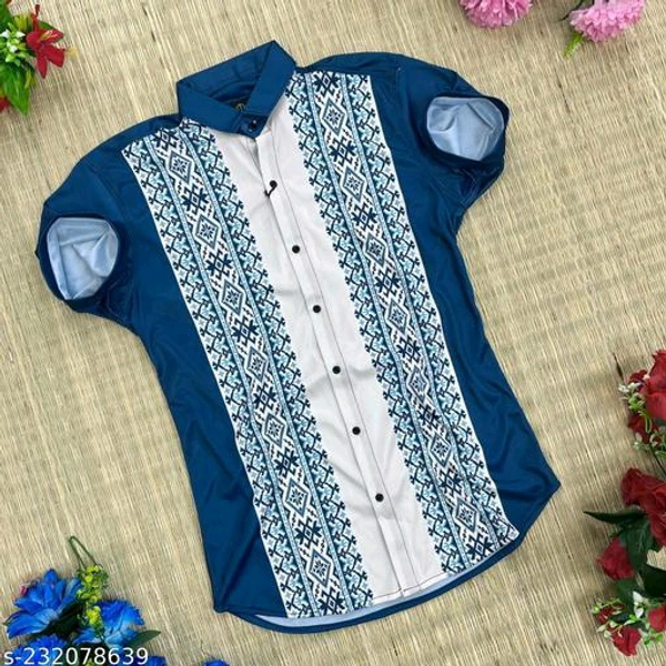 mens regular printed shirt Fabric: LycraSleeve Length: Short SleevesPattern: PrintedNet Quantity (N): 1Sizes:S (Chest Size: 36 in, Length Size: 28 in) M (Chest Size: 38 in, Length Size: 28.5 in) L (Chest Size: 40 in, Length Size: 29 in) XL (Chest Size: 42 in, Length Size: 29.5 in) This uniquely designed shirt gives you the stylish look.  - Navy Blue, XL