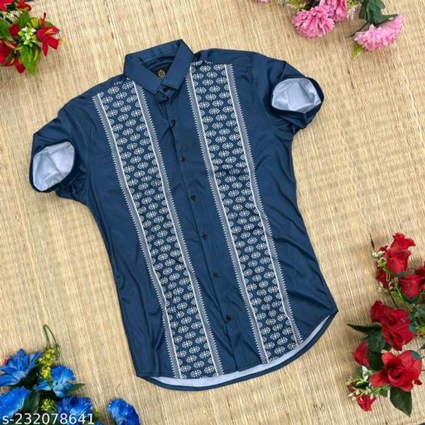  mens regular printed shirtFabric: LycraSleeve Length: Short SleevesPattern: PrintedNet Quantity (N): 1Sizes:S (Chest Size: 36 in, Length Size: 28 in) M (Chest Size: 38 in, Length Size: 28.5 in) L (Chest Size: 40 in, Length Size: 29 in) XL (Chest Size: 42 in, Length Size: 29.5 in) This uniquely designed shirt gives you the stylish look - Navy Blue, L