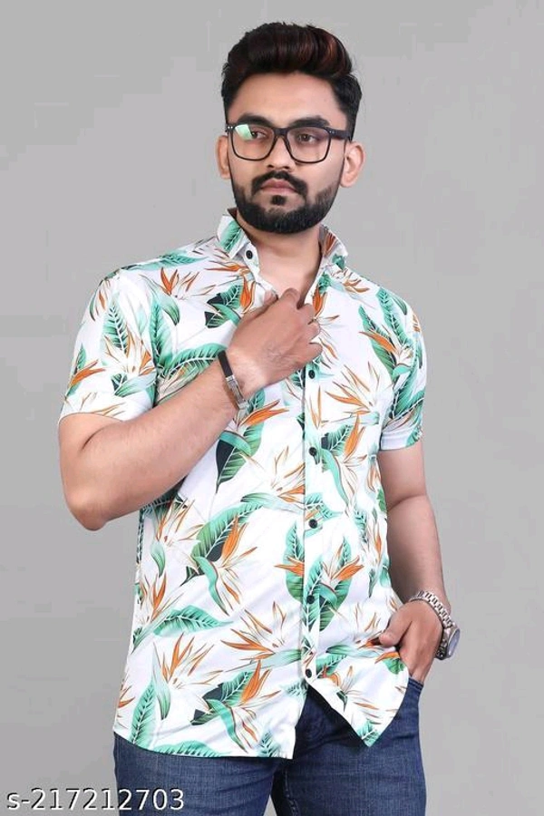  NEW LYCRA SUPER SHIRT Fabric: LycraSleeve Length: Short SleevesPattern: PrintedNet Quantity (N): 1Sizes:S (Chest Size: 40 in, Length Size: 26.5 in) M (Chest Size: 42 in, Length Size: 27 in) L (Chest Size: 44 in, Length Size: 27.5 in) XL (Chest Size: 46 in, Length Size: 28 in) XXL (Chest Size: 48 in, Length Size: 28.5 in) Mens Printed shirt from  - White, S