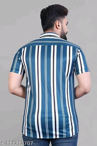NEW LYCRA SUPER SHIRT Fabric: LycraSleeve Length: Short SleevesPattern: StripedNet Quantity (N): 1Sizes:S (Chest Size: 40 in, Length Size: 26.5 in) M (Chest Size: 42 in, Length Size: 27 in) L (Chest Size: 44 in, Length Size: 27.5 in) XL (Chest Size: 46 in, Length Size: 28 in) XXL (Chest Size: 48 in, Length Size: 28.5 in) Mens Printed shirt from  - Navy Blue, S
