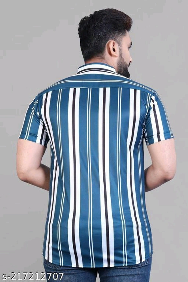 NEW LYCRA SUPER SHIRT Fabric: LycraSleeve Length: Short SleevesPattern: StripedNet Quantity (N): 1Sizes:S (Chest Size: 40 in, Length Size: 26.5 in) M (Chest Size: 42 in, Length Size: 27 in) L (Chest Size: 44 in, Length Size: 27.5 in) XL (Chest Size: 46 in, Length Size: 28 in) XXL (Chest Size: 48 in, Length Size: 28.5 in) Mens Printed shirt from  - Navy Blue, S