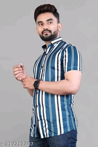 NEW LYCRA SUPER SHIRT Fabric: LycraSleeve Length: Short SleevesPattern: StripedNet Quantity (N): 1Sizes:S (Chest Size: 40 in, Length Size: 26.5 in) M (Chest Size: 42 in, Length Size: 27 in) L (Chest Size: 44 in, Length Size: 27.5 in) XL (Chest Size: 46 in, Length Size: 28 in) XXL (Chest Size: 48 in, Length Size: 28.5 in) Mens Printed shirt from  - Navy Blue, S