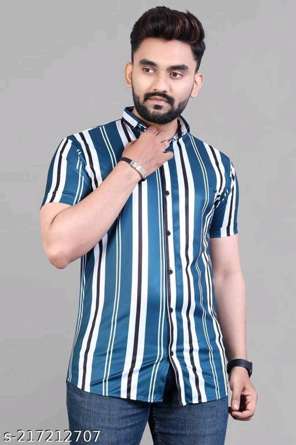 NEW LYCRA SUPER SHIRT Fabric: LycraSleeve Length: Short SleevesPattern: StripedNet Quantity (N): 1Sizes:S (Chest Size: 40 in, Length Size: 26.5 in) M (Chest Size: 42 in, Length Size: 27 in) L (Chest Size: 44 in, Length Size: 27.5 in) XL (Chest Size: 46 in, Length Size: 28 in) XXL (Chest Size: 48 in, Length Size: 28.5 in) Mens Printed shirt from  - Navy Blue, M