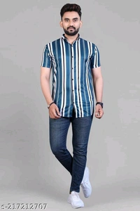 NEW LYCRA SUPER SHIRT Fabric: LycraSleeve Length: Short SleevesPattern: StripedNet Quantity (N): 1Sizes:S (Chest Size: 40 in, Length Size: 26.5 in) M (Chest Size: 42 in, Length Size: 27 in) L (Chest Size: 44 in, Length Size: 27.5 in) XL (Chest Size: 46 in, Length Size: 28 in) XXL (Chest Size: 48 in, Length Size: 28.5 in) Mens Printed shirt from  - Navy Blue, L
