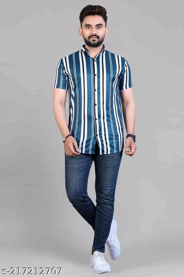 NEW LYCRA SUPER SHIRT Fabric: LycraSleeve Length: Short SleevesPattern: StripedNet Quantity (N): 1Sizes:S (Chest Size: 40 in, Length Size: 26.5 in) M (Chest Size: 42 in, Length Size: 27 in) L (Chest Size: 44 in, Length Size: 27.5 in) XL (Chest Size: 46 in, Length Size: 28 in) XXL (Chest Size: 48 in, Length Size: 28.5 in) Mens Printed shirt from  - Navy Blue, L