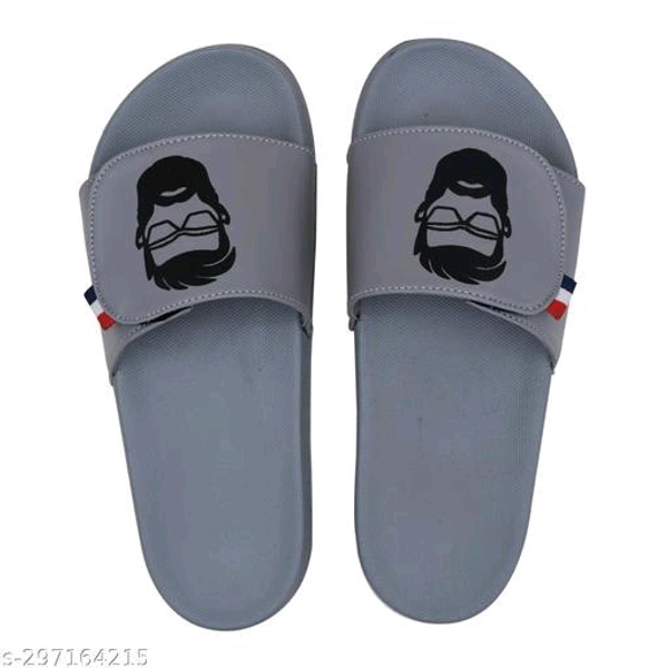 BeardBlend: Stride in Style with in Style with our Facial-Fashion Flip FlopsMaterial: Syntethic LeatherSole Material: PVCFastening & Back Detail: VelcroPattern: PrintedNet Quantity (N): 1Introducing the Closho brand's Slipper/Flip Flop, a stylish and comfortable footwear option that combines the best of fashion and comfort. Made f - Gray, 8