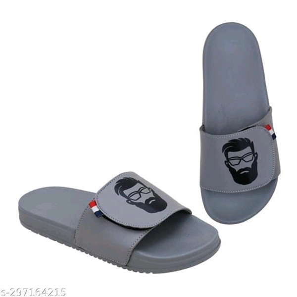 BeardBlend: Stride in Style with in Style with our Facial-Fashion Flip FlopsMaterial: Syntethic LeatherSole Material: PVCFastening & Back Detail: VelcroPattern: PrintedNet Quantity (N): 1Introducing the Closho brand's Slipper/Flip Flop, a stylish and comfortable footwear option that combines the best of fashion and comfort. Made f - Gray, 10