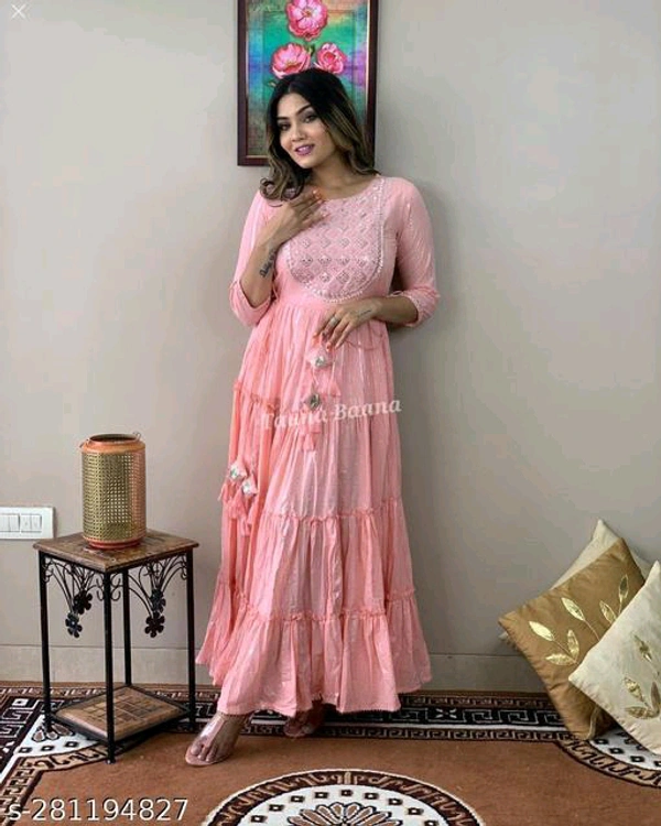 Pink Luricus gown Name: Pink Luricus gown Fabric: RayonSleeve Length: Three-Quarter SleevesPattern: EmbroideredNet Quantity (N): 1Sizes:M (Bust Size: 38 in) L (Bust Size: 40 in) XL (Bust Size: 42 in) XXL (Bust Size: 44 in) XXXL, 4XL, 5XL, 6XL, 7XLCountry of Origin: India - Pink, S