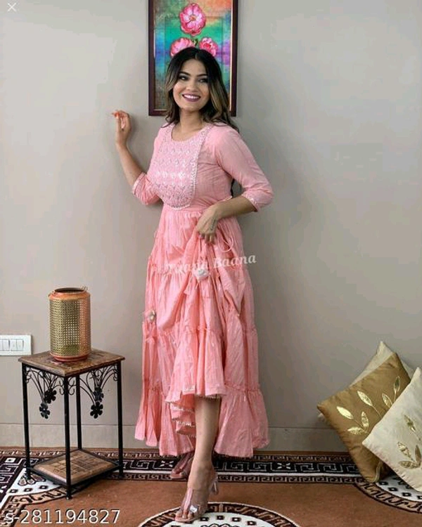 Pink Luricus gown Name: Pink Luricus gown Fabric: RayonSleeve Length: Three-Quarter SleevesPattern: EmbroideredNet Quantity (N): 1Sizes:M (Bust Size: 38 in) L (Bust Size: 40 in) XL (Bust Size: 42 in) XXL (Bust Size: 44 in) XXXL, 4XL, 5XL, 6XL, 7XLCountry of Origin: India - Pink, S