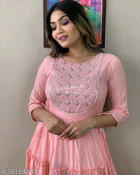Pink Luricus gown Name: Pink Luricus gown Fabric: RayonSleeve Length: Three-Quarter SleevesPattern: EmbroideredNet Quantity (N): 1Sizes:M (Bust Size: 38 in) L (Bust Size: 40 in) XL (Bust Size: 42 in) XXL (Bust Size: 44 in) XXXL, 4XL, 5XL, 6XL, 7XLCountry of Origin: India - Pink, S