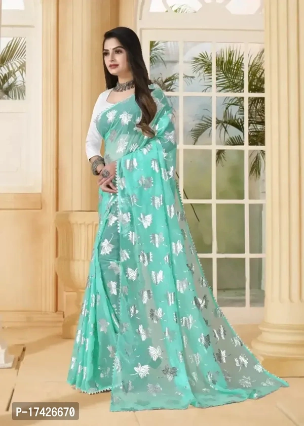 Silver Foil Embellished SareeSaree Fabric: ChiffonBlouse: Separate Blouse PieceBlouse Fabric: Art SilkPattern: Zari WovenBlouse Pattern: Same as BorderNet Quantity (N): SingleSilver Embellished Foil Printed Patti Design Saree With Blouse PieceSizes: Free Size (Saree Length Size: 5.5 m, Blouse Length Size: 0.8 m) Country of Origin: India - Free Size