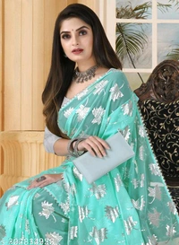 Silver Foil Embellished SareeSaree Fabric: ChiffonBlouse: Separate Blouse PieceBlouse Fabric: Art SilkPattern: Zari WovenBlouse Pattern: Same as BorderNet Quantity (N): SingleSilver Embellished Foil Printed Patti Design Saree With Blouse PieceSizes: Free Size (Saree Length Size: 5.5 m, Blouse Length Size: 0.8 m) Country of Origin: India - Free Size