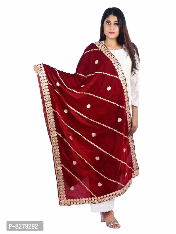  Ravishing Fashionable Women DupattasFabric: VelvetPattern: EmbellishedNet Quantity (N): 1Sizes:Free Size (Length Size: 2.25 m) Country of Origin: India - Free Size