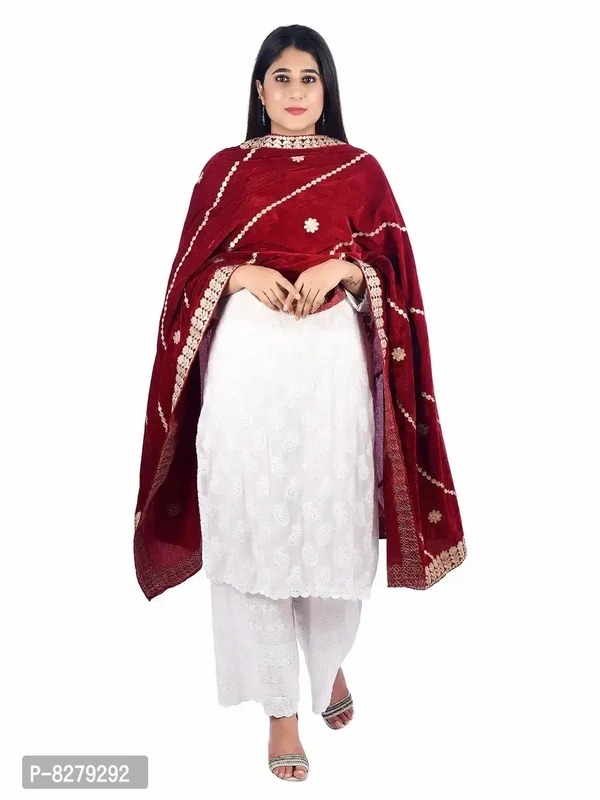  Ravishing Fashionable Women DupattasFabric: VelvetPattern: EmbellishedNet Quantity (N): 1Sizes:Free Size (Length Size: 2.25 m) Country of Origin: India - Free Size