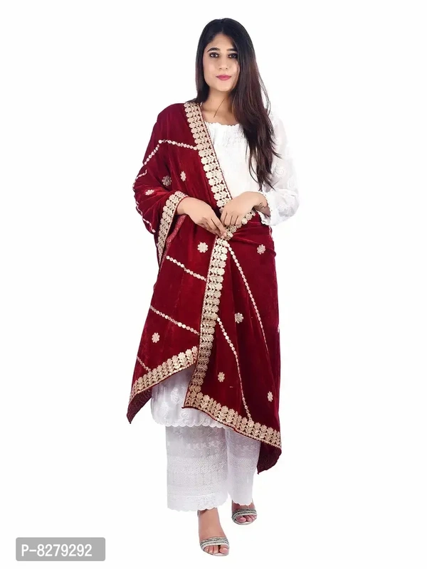  Ravishing Fashionable Women DupattasFabric: VelvetPattern: EmbellishedNet Quantity (N): 1Sizes:Free Size (Length Size: 2.25 m) Country of Origin: India - Free Size
