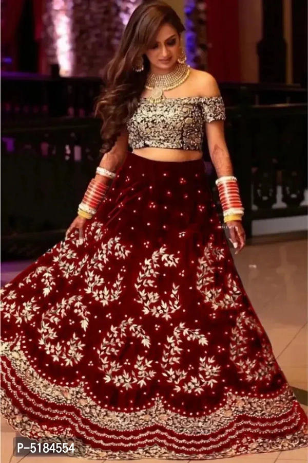 Attractive Velvet Embroidered Semi Stitched Lehenga Choli Color:  Red Fabric:  Velvet Type:  Semi Stitched Style:  EmbroideredWaist: 28.0 - 38.0 (in inches)Bust: 34.0 - 44.0 (in inches)Within 6-8 business days However, to find out an actual date of delivery, please enter your pin code. - Red, Free Size