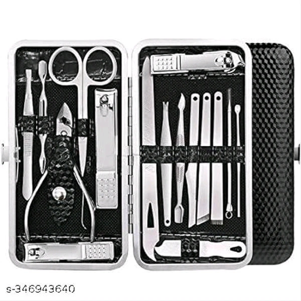Professional Stainless Steel 16 Tools Set Nail Clippers Scissors Grooming Kits with Leather Case - Free Size