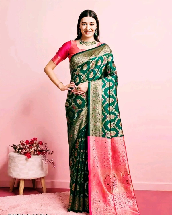 Banarasi Silk Saree with Blouse Piece | Kanjeevaram Style Partywear Saree for Women | Elegant Traditional Saree for Festivals, Weddings & Special Occasions | New Designer Collection Sarees - Free Size