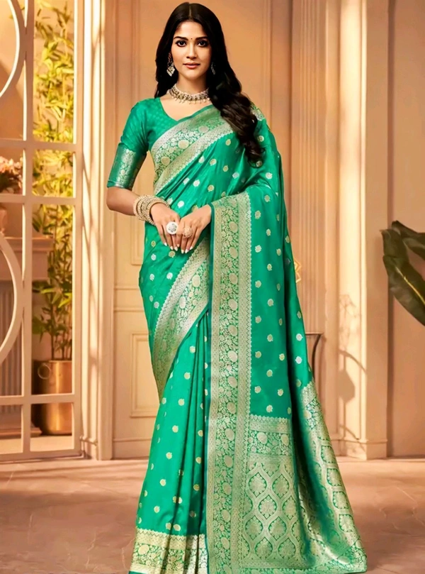 Women's Kanjivaram Soft Banarasi Silk Saree With Blouse Piece Firozi
 - Free Size, Green